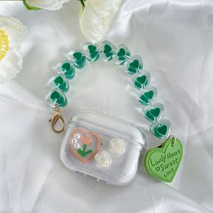 Étui airpods 2/ pro transparent, motif floral, avec feuilles, chaîne verte cœur, décoration, <span class=keywords><strong>dernier</strong></span> modèle, bling - Product Image 2