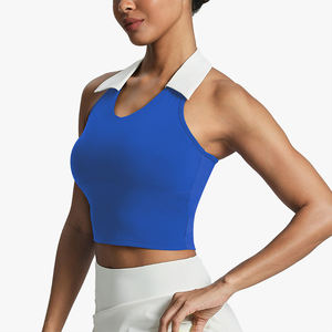 Top deportivo para mujer con cuello polo, estilo halter, bloques de color, a prueba de golpes, con efecto push-up, sin espalda, para yoga, fitness, running, tenis, ajuste ceñido - Product Image 3