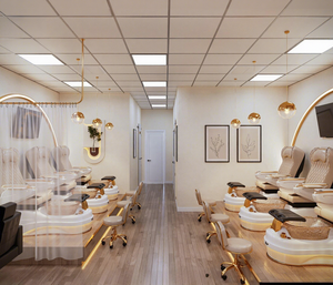 Diseño Moderno y Lujoso para Salón de Uñas: Pared de Exhibición de Esmaltes y Mesas de Manicura con Detalles en Dorado - Renovación Completa en un Solo Lugar - Product Image 4