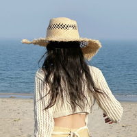 Chapeau de soleil Panama en paille de raphia, tressé ajouré, à large bord effiloché, pour la plage, unisexe, pour femmes et hommes, pour les vacances d'été et les voyages
