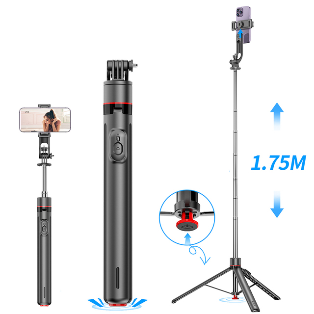 TT02 1.75m All-in-one Auto Pop Open Tripod Magnetic Remote Detachable Phone Clip Tripod Selfie Stick