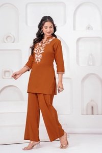 Brown Embroidered Kurti Plazzo Set <b>Three</b> Quarter Sleeve V Neck Casual Wear Solid Color Loose Fit All Seasons Cotton Outfit - Product Image 6
