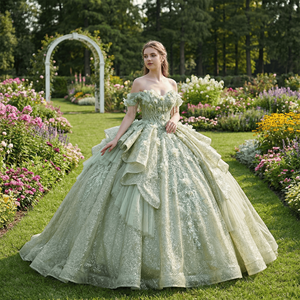 Vestido de Gala Largo hasta el Suelo, Color Verde Salvia, Moderno, Natural, para Maternidad, Quinceañera, con Lentejuelas, Antiestático, Modelo Lsmc115 - Product Image 1