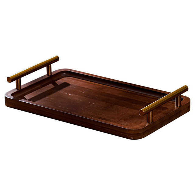 Wooden Home Serving Tray with Gold Handles Rectangular Tray for Living Room