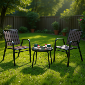 Ensemble de jardin extérieur 2 chaises 1 table, structure en métal noir, lattes en PP marron, résistant aux intempéries, design contemporain - Product Image 2