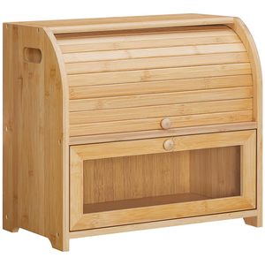 Boîte de rangement pour pain en bambou avec porte à volet roulant, rangement alimentaire multi-niveaux pour la cuisine, couleur naturelle - Product Image 1
