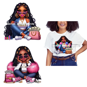 Chica Afro con monedero dinero Zodiaco astrología horóscopo urbano Hip Hop rico negro melanina hierro en pegatinas de transferencia DTF para sudaderas con capucha - Product Image 1