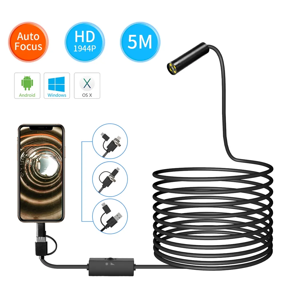 5MP 12mm 4LED 1m hard cable auto focus camera endoscope wire camera for mobile endoscope high resolution camera
