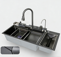 Évier de cuisine intelligent multifonctionnel en acier inoxydable noir moderne, style cascade, avec affichage numérique