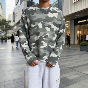 T-shirt graphique personnalisé Hip Hop Camo à manches longues en tricot gaufré imprimé camouflage, coupe oversize TKAN1081 - Product Image 1