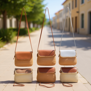 Sac bandoulière en paille tressée recouvert de cuir BOLSOS 24x19cm Sac à bandoulière pour femme - Product Image 3