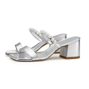 Women's Pearls Double Straps Sandals Open Square Toe on <b>Shoes</b> Low Chunky Heels Silver Slides Dress Mules - Product Image 6