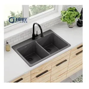 High End Quartz Double Bowls Kitchen Sink High Hardness Sink Double Bowl Granite Composite Kitchen Sink with Cutting Board