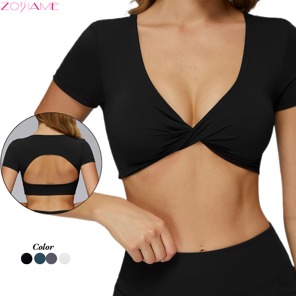 Wholesale Zoyiame Women's Sports Top Short-Sleeve V-Neckline Hollow-out Back Breathable Yoga Wear Women Bra