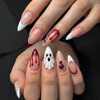24/30 pièces Faux ongles à presser en ABS, forme amande, motif fantôme flottant 3D mignon d'Halloween, avec motif lune dorée exquis, pré-conçus pour les doigts