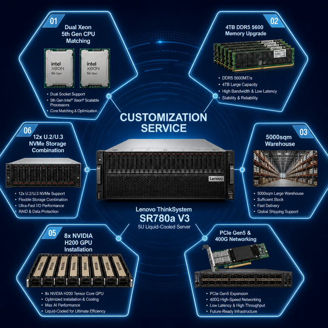 Factory Wholesale ThinkSystem SR780a V3 Intel Xeon 5th Gen 8x H200 GPU NV-Link Liquid Cooling AI HPC 5U Rack Server