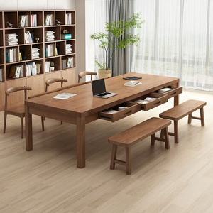 Table de conférence en bois massif, bureau long pour réunions avec tiroirs pour 6 personnes - Product Image 1