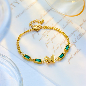 European American Style Butterfly Charm Bracelet Gold Green Rhinestone Square Chain Titanium Steel Jewelry Gift - Product Image 3