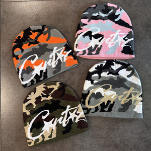 Wholesale <strong>All</strong> Logo Print Jacquard Knit <strong>Winter</strong> <strong>Beanie</strong> Hat Custom Y2K Cuffless Camo <strong>Beanie</strong> Cap <strong>with</strong> Letter Pattern for Street Wear - Product Image 1