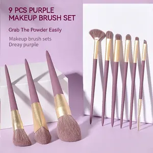 Wholesale Professional 9pcs Unique Shape Premium Kabuki Purple Powder Foundation Blush Eye Shadow Makeup Brush Set With PU Bag