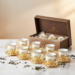 Set di Tazze da Caffè Turco <span class=keywords><strong>in</strong></span> Porcellana Placcata Oro con Piattini, Confezione Regalo Personalizzata - Product Image 1