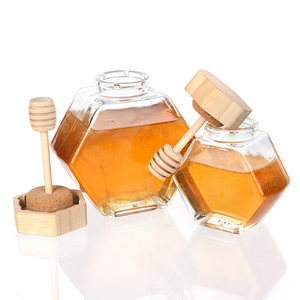 Pot De Miel De Miel Pot En Forme De Nid D'abeille En Verre Hexagonal Avec Louche En Bois et Couvercle En Bambou Vide 250ml 380ml <span class=keywords><strong>Cuisine</strong></span> Oem - Product Image 6