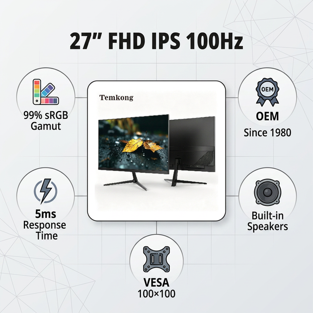 27 Inch FHD IPS Monitor 100Hz Built-in Speakers VGA VESA Slim Bezel Metal Stand Office Gaming OEM Custom