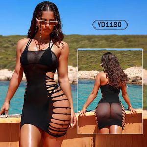 Gaun Mini Bodycon Jaring Transparan Halter Seksi Wanita, Gaun Lingerie Berlubang untuk Pesta Klub Pantai - Product Image 6