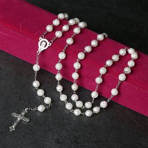 Mecrt Christian Jewelry 8mm Rose <b>Beads</b> Religious Catholic Rosary Enamel Crucifix Pendant Fashion Beaded <b>Necklace</b> - Product Image 4