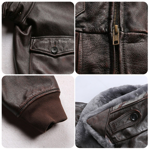 Giacca da Pilota da Uomo in Vera Pelle con Colletto Staccabile in Lana di Cotone Giacca di Volo in Pelle Bovina Gialla - Product Image 4