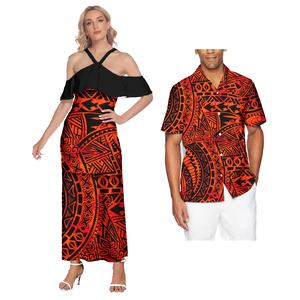 Ensemble Tenue de Couple Robes Élégantes pour Femmes Jupe Sexy à <span class=keywords><strong>Épaule</strong></span> Froide Samoa Impression de <span class=keywords><strong>Tatouage</strong></span> Tenue Décontractée Polynésienne Chemises pour Hommes Assorties - Product Image 2