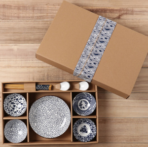 Ensemble de vaisselle en céramique peinte à la main bleu et blanc, bol, assiette, ensemble de service, écologique, pour coffret cadeau de mariage - Product Image 3