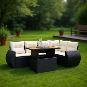 Black Rattan Garden <b>Sofa</b> <b>Set</b> With Cream Cushions Outdoor Furniture Contemporary Style Waterproof UV Resistant PE Rattan - Product Image 2
