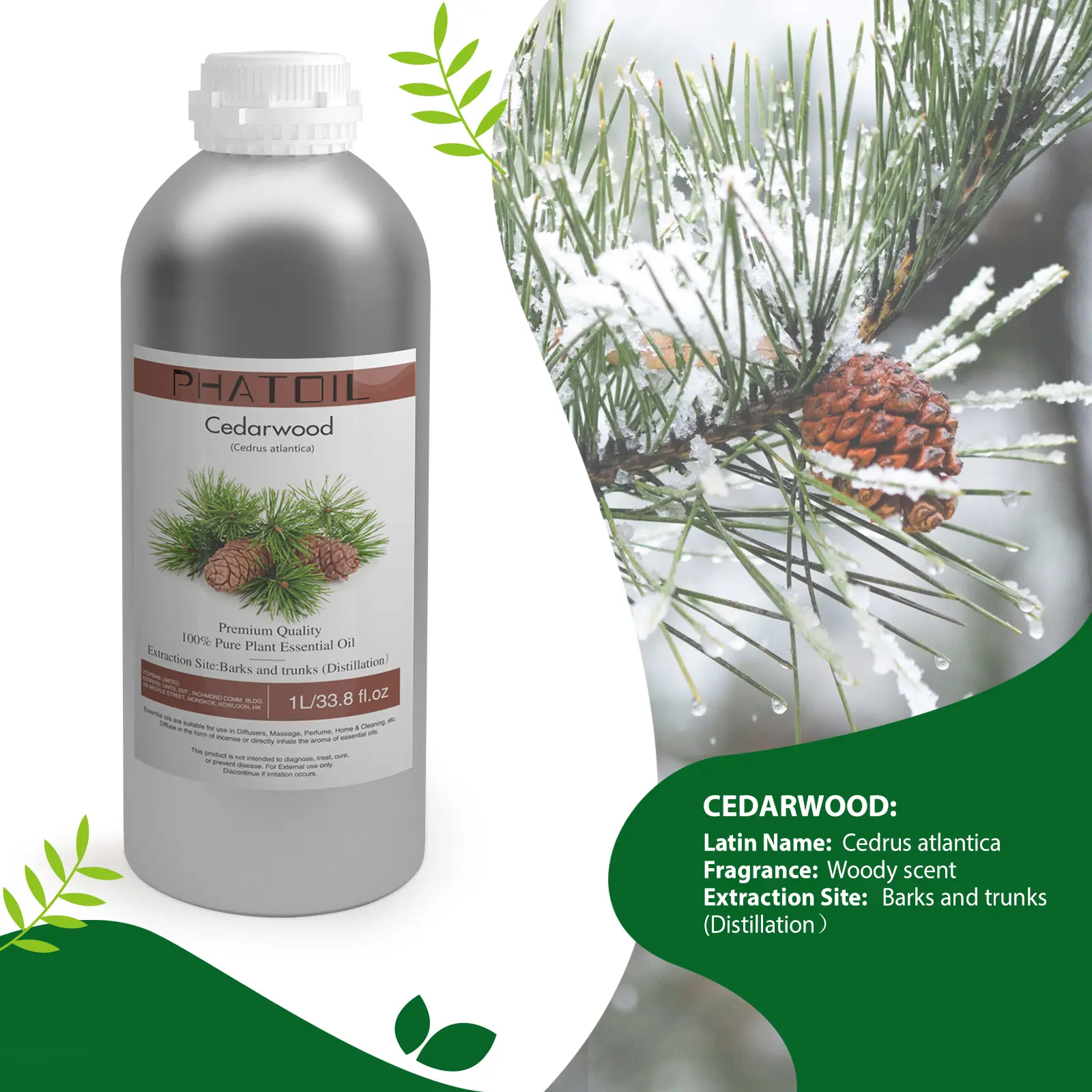 1000ml Cedarwood आवश्यक तेल एल्यूमीनियम बोतल के लिए निजी लेबल के साथ 100% शुद्ध और प्राकृतिक खुशबू विसारक