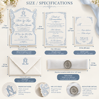 Ensemble de cartes d'invitation de mariage personnalisées en damassé bleu et blanc, gaufrées, découpées, avec sceau de cire et ruban, vente en gros, fabricant en vrac