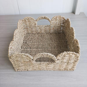 Panier de rangement rectangulaire en paille tressée style nordique, fait main, organisateur de bureau, couleur naturelle, jacinthe d'eau, été 2023 - Product Image 3