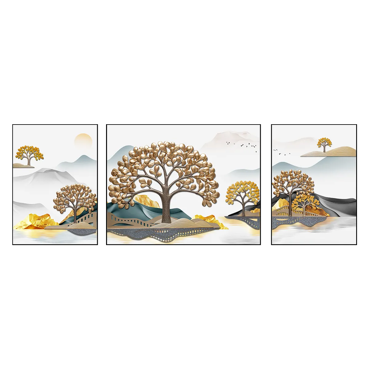 Peinture 3d de paysage d'arbre doré, vente en gros, décoration de luxe, à arrière-plan moderne, peinture murale