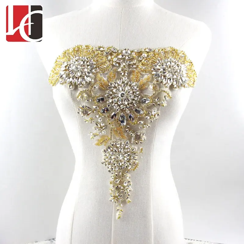 HC-6868 Hechun di lusso di grandi dimensioni corpetto oro di cristallo del rhinestone applique da sposa