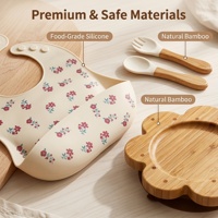 Ensemble d'alimentation floral en bambou : assiette à succion en fibre de bambou de qualité alimentaire en forme de fleur, fourchette et cuillère à manche en bois, motif dessin animé doux