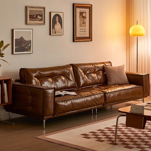Sofá de Cuero Encerado al Óleo de Diseño Vintage, Color Chocolate, Acolchado, de Una Línea, Mueble para Sala de Estar para Apartamentos Pequeños - Product Image 1
