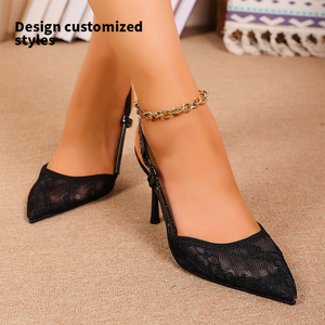 Chaussures pour <span class=keywords><strong>femme</strong></span> de luxe, nouveau design personnalisé, sexy, à talons hauts fins et pointus, avec empeigne brodée en dentelle et bride en PU, Life A-MZ-05 - Product Image 2