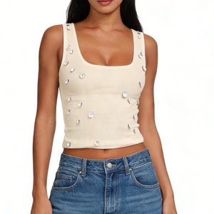 Top corto sin mangas con cuello cuadrado para mujer - Top ajustado acanalado con adornos de gotas, estilo chaleco a la moda - Product Image 6