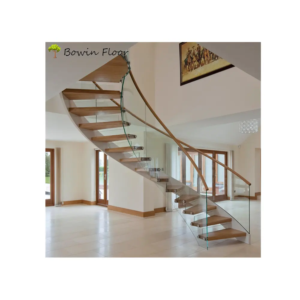 Floating stair step glass fence oak wooden spiral staircase