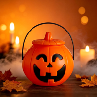 Promotion : Seau lumineux en forme de citrouille souriante pour l'intérieur, idéal pour la collecte de bonbons ou comme panier de déguisement, parfait pour les fêtes et les jeux.