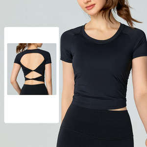 Logo personnalisé en gros de haute qualité ras du cou rond à manches courtes haut de yoga pour les femmes - Product Image 5