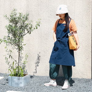 Japanese Style Cotton Suspender Apron Blue And Dark Green Stripes Machine Washable Daily Use - Product Image 1