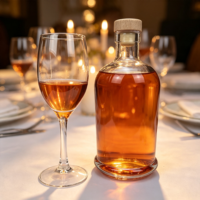 Bouteille en verre transparente élégante avec bouchon en liège cannelé à centre creux, forme cylindrique, logo personnalisé, idéale pour la présentation de whisky