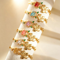 Gelang Manset Baja Anti Karat Berlapis Emas 18K dengan Hiasan Bunga dan Daun Enamel yang Elegan, Hadiah untuk Wanita