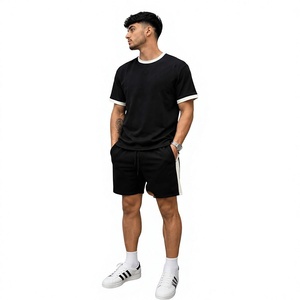 Men's Black T-Shirt <b>Jogger</b> Set Crew Neck Short Sleeve Terry Fabric Eco-Friendly Casual Summer Outfit <b>White</b> Trim Drawstring Waist - Product Image 1