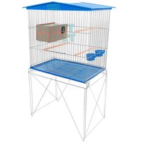 Ensemble complet de cage à oiseaux avec toit en plastique bleu, nid de reproduction, support trépied en métal, perchoirs naturels et mangeoires bleues